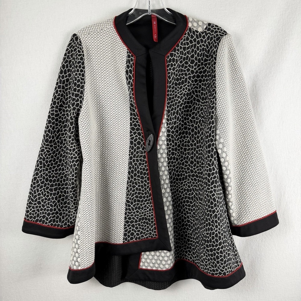 IC By Connie K Open Front Jacket Cardigan Sz M Artsy Laganlook Funky Mixed Print